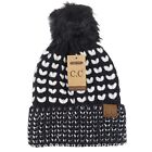 C.C Women's Black Knitted Hat Heart Shaped Knitted Hat Winter Warm Faux Fur Pom