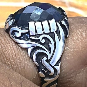 AAA luxary Islamic Jewelry Zulfiqar Black Zircon 925K Sterling Silver Men's Ring - Picture 1 of 9