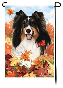 Falling Leaves Garden Flag - Tri Shetland Sheepdog Sheltie Style 2 - Picture 1 of 1