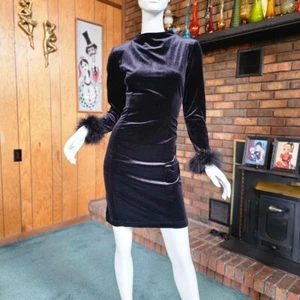 Vtg 90s Vamp Goth Ostrich Feather Stretch Velvet Bodycon Cocktail Party Dress M - Picture 1 of 9