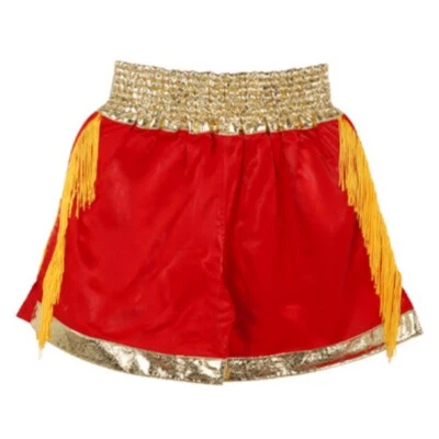 Boxing Shorts Gold Tassels Leg Ends Embroidery Muay Thai Satin Fabric Flexible - Image 1 of 2