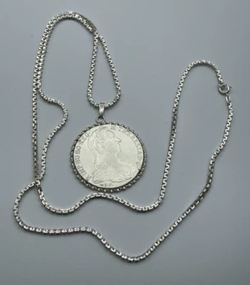 Maria Theresia Münzanhänger Silber an solider 835 Silberkette L 91 cm Gr. 56,94 - Bild 1 von 4