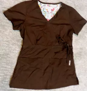 Koi Brand Women's SZ XS Brown short sleeve side Tie Scrub Top Polyester/cotton - Picture 1 of 3