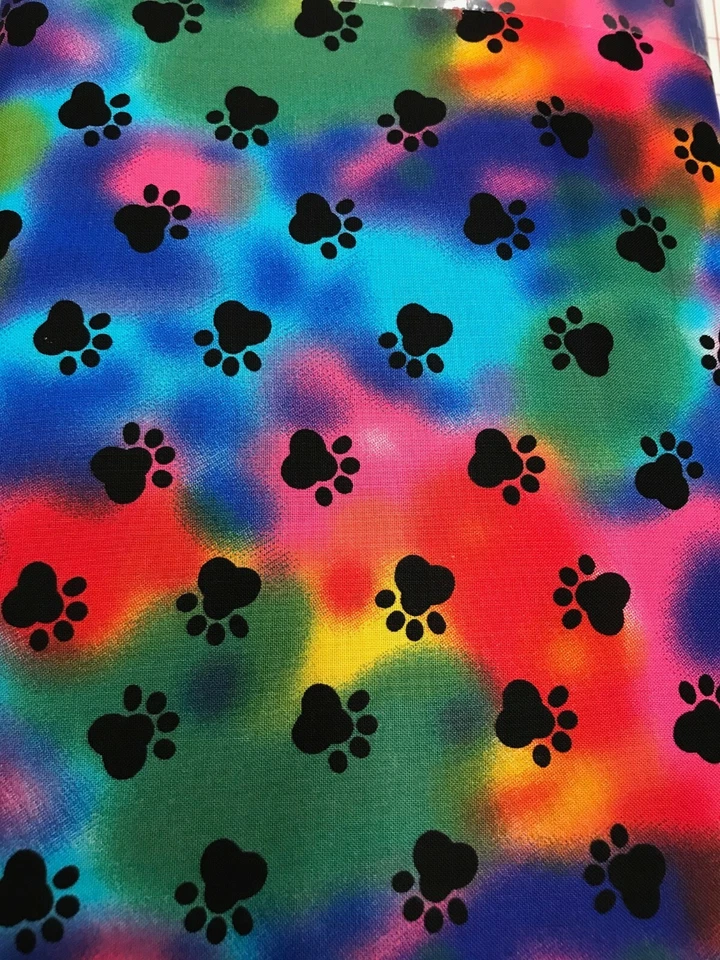 TIE DYE PAW PRINTS DOG PUPPY PAWS COLORFUL NOVELTY COTTON FABRIC FAT QUARTER   - Image 1 of 1