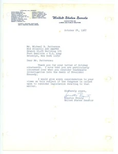 U.S. SENATOR WINSTON PROUTY signiert 1967 TLS Brief WARREN COMMISSION JFK - Bild 1 von 1