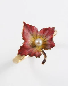 Antik 14k Gold Jugendstil viktorianischer Emaille & Perle Ahornblatt Ring Größe 7 - Bild 1 von 12
