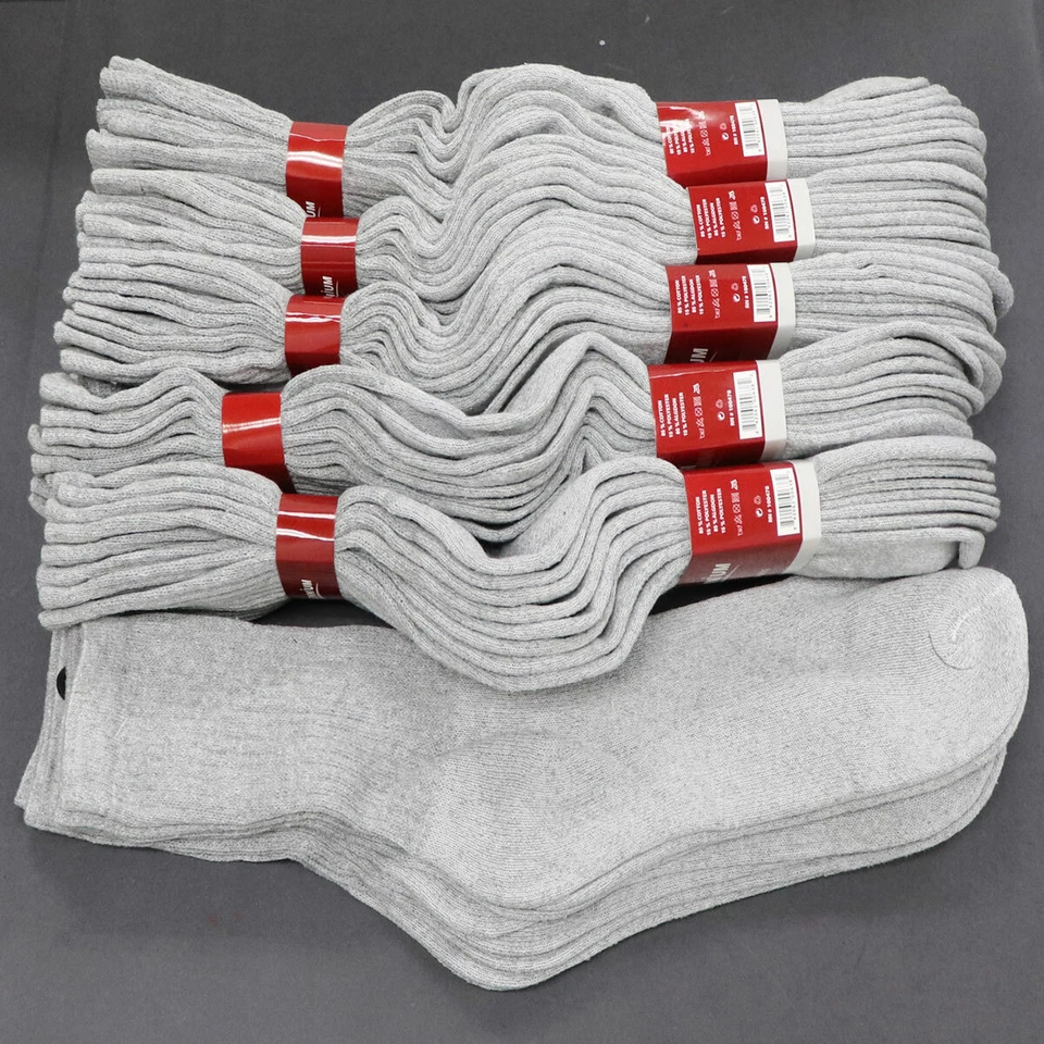 12 Pairs Pack Men Crew Casual Sports Cotton Socks Solid Color Gray 9-11 Lot