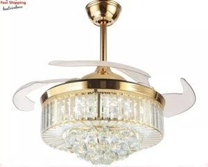 36 inch Retractable Ceiling Fan LED Luxury Crystal Chandelier Dimmable 36W-48W - Picture 1 of 4