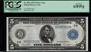 1914 $5 Federal Reserve Note - New York FR-851a - PCGS 65PPQ - Gem Uncirculated - Picture 1 of 2