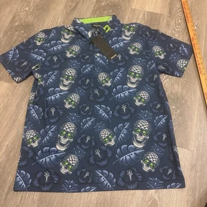 Men’s Druids Golf Polo Pineapple Skull Sz XL Blue Hawaiian Theme  - Picture 1 of 6