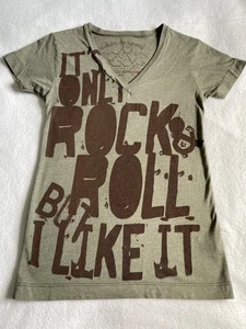90s Y2K Urban Renewal (Outfitters) Olive Green Rock & Roll V-Neck fitted T-shirt - Picture 1 of 7
