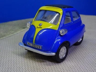 Isetta BMW 1:38 Blau gelb Rückzugmotor Kinsmart Modellauto PKW  A 2173 - Bild 1 von 4