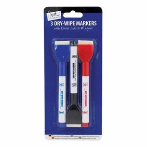 3x Magnetische Trocken Abwischbare Whiteboard Marker mit Radierer Rot Blau Schwarz Schule Zuhause - Bild 1 von 7