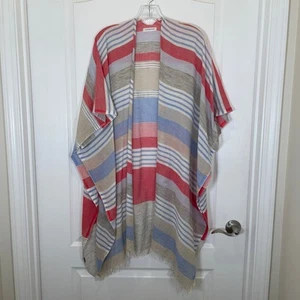 Anthropologie Kimono Swim Cover up Striped Red Blue Gray Cotton Fringe Trim - Picture 1 of 5