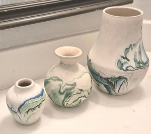 3 VINTAGE Nemadji Pottery Vases Swirl Green Southwestern Decor - Picture 1 of 10