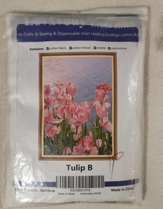 LOVXVOUY Kreuzstich-Set neu im Beutel rosa Tulpen geöffnet Größe 16 x 22" komplett - Bild 1 von 8