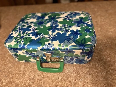 Maleta de viaje rígida vintage azul y verde floral equipaje pequeña retro Foto 1 de 4