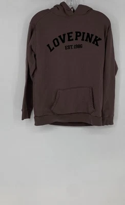 Pulôver com capuz feminino rosa Victoria Secret marrom manga longa bolsos tamanho P - Imagem 1 de 4