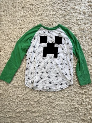 Boys Minecraft Creeper Long Sleeve Tee Shirt XL (14/16) White Green Black - Image 1 of 4