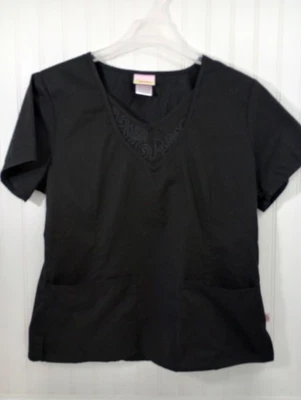 Sketchers Medical Scrubs Top Black Embroidered Neckline Size Large L - Image 1 of 4