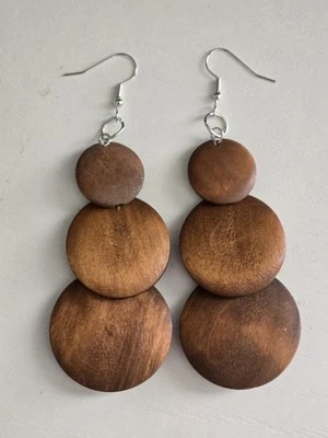 Women Retro Elegant Brown 3 Circle Design Dangle Earrings Wooden Jewelry Trendy - Image 1 of 3