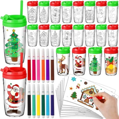 16 Sets Color Your Own Cups 8 oz Christmas Coloring Cup with Lid and Straw DI... - Image 1 of 4