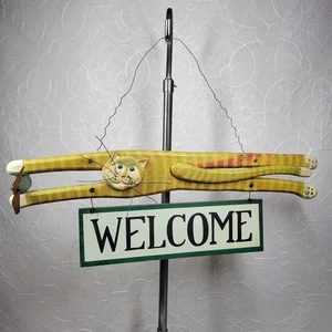 Caprichoso letrero de bienvenida de gato de madera hecho a mano pintado a mano naranja gato atigrado - Imagen 1 de 19