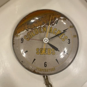 Golden Acres Seeds Advertising Clock & Thermometer 12” Glass Dome Vintage - Picture 1 of 10