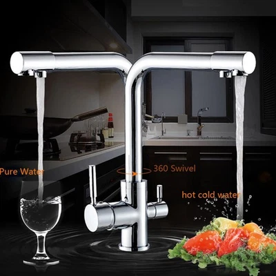 Kitchen Sink Faucet Chrome Pure Water Filter Dual Handle 3 Way Swivel Mixer Tap - Image 1 of 4