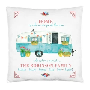 Personalised Caravan Cushion,Cushion Cover,Pillow,Family Holiday,40cms Square - Picture 1 of 3
