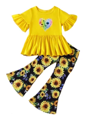NWT Boutique Girls Size 6 Short Sleeve Yellow Flowers Ruffle Bell Pants Set - Image 1 of 3
