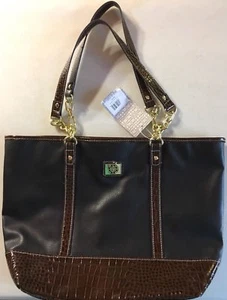 NWT Emma James Faux Leather Black Brown Crocodile Trim Tote Purse Gold Accents - Picture 1 of 9