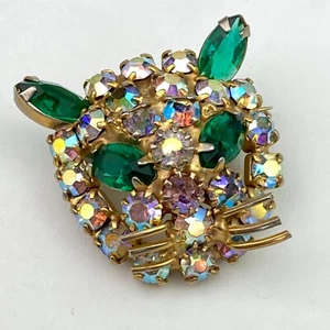 Vintage Gold Tone Cat Pin Brooch AB & Green Stones Adorable - Picture 1 of 9