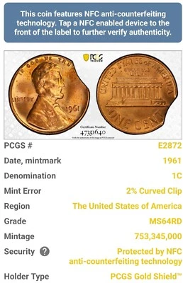 1961 Lincoln Cent Curved Clip Awesome Condition! PCGS MS64 Red. Our T6569 - Image 1 of 3