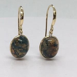 14K massives Gelbgold 8 x 10 mm Cabochonschliff Moosachat baumelnder Draht Ohrringe - Bild 1 von 5