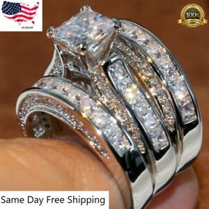 3pcs/set Silver Plated Rings for Women White Sapphire Jewelry Sz 6-10 Simulated 