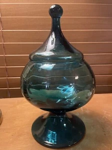 Mid-Century Italian Empoli Blue Art Glass Lidded Apothecary Jar Compote 10” - Picture 1 of 6