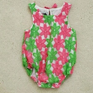 Mudpie Baby Girls' Pink and Green Daisy Flower Crochet Romper Bubble sz0-6m - Picture 1 of 10
