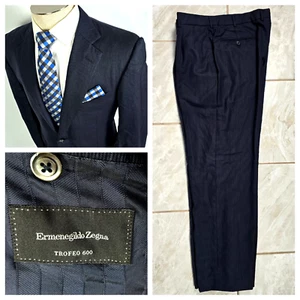 Ermenegildo Zegna Trofeo 600 Silk & Wool Suit Blue Thin Herringbone 40, 50 Swiss - Picture 1 of 18
