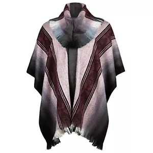 LUXURIOUS ALPACA BLEND PONCHO | HIGH-COLLAR | SOFT&WARM | UNISEX | BURGUNDY GRAY - Picture 1 of 12