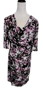 Vestido tejido elástico estilo norte cuello drapeado púrpura negro blanco floral midi talla 16 - Imagen 1 de 11