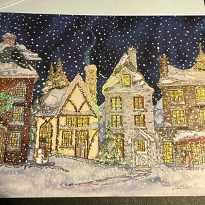 Vintage Weihnachtskarte UNBENUTZT Stadt Straße Menschen Schaufensterbummel Goldschneit schön! - Bild 1 von 8