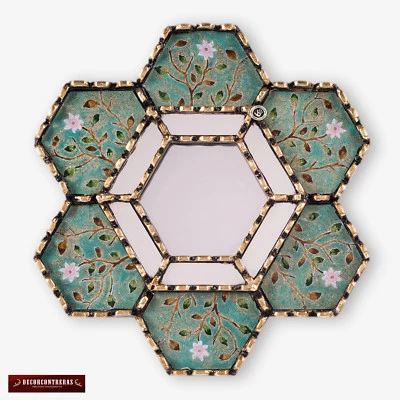 Handmade Hexagonal Wall Mirror 11.8" from Peru, Painting on glass mirror wall - Image 1 of 4