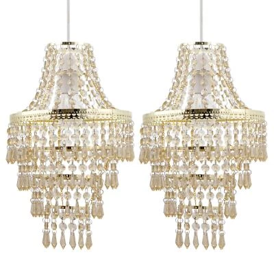 FIRSTCHOICELIGHTING Set of 2 Gold Chandelier Style Acrylic Crystal Easy Fit Ceiling Light Shades