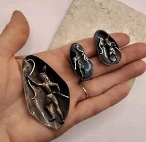 Vintage Mexiko Sterlingsilber Brosche Anhänger Schraube Rückseite Ohrring Schmuck Set - Bild 1 von 13