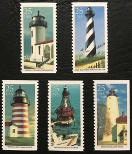 1990 Scott #2470-2474 - 25¢ - LIGHTHOUSES - Set of 5 Booklet Singles - Mint NH - Picture 1 of 1
