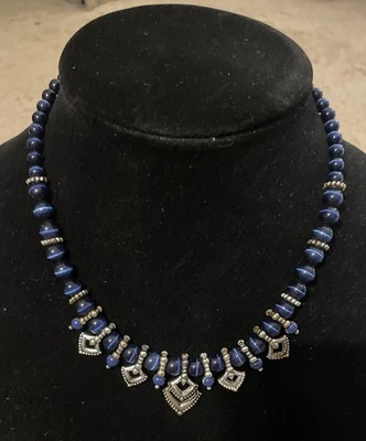 Avon Blue Glass Cat’s Eye Silvertone Beaded Necklace Choker Up To 19 Inches Long - Image 1 of 4
