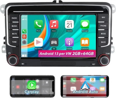 Carplay Autoradio 2+64G  7" Bluetooth GPS RDS per VW Golf 5 6 Plus Polo Passat - Immagine 1 di 4