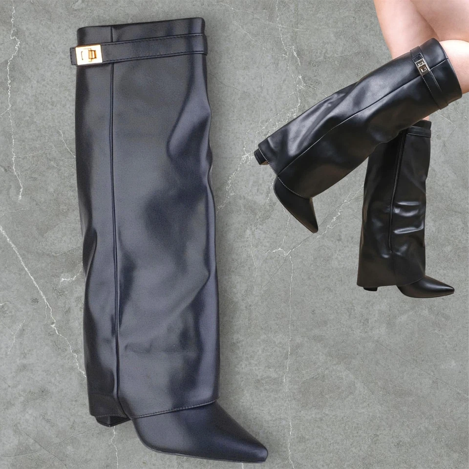 MISS IMAGE UK NEW WOMENS LADIES BLOCK HEEL KNEE HIGH POINTED TOE FOLD OVER LOCK ZIP BOOTS SIZE