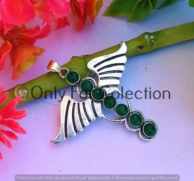 Buy Green Onyx Gemstone 925 Sterling Silver Plated Angel wings Pendant Jewelry - Image 1 of 3